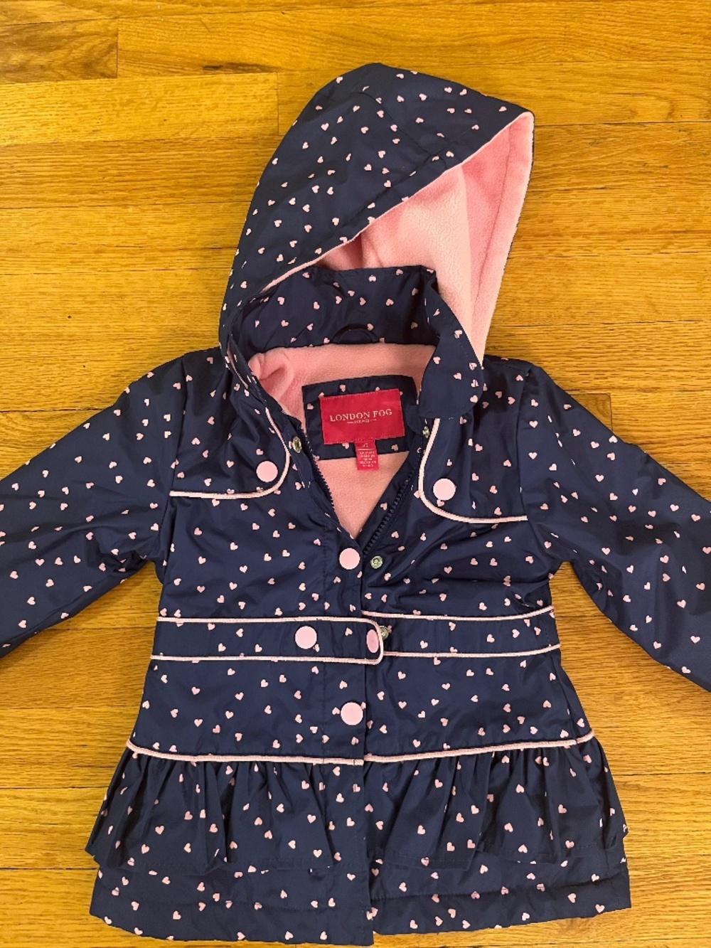 London Fog Toddler Girls Navy Pink Heart Fleece Lined Raincoat Jacket 3T